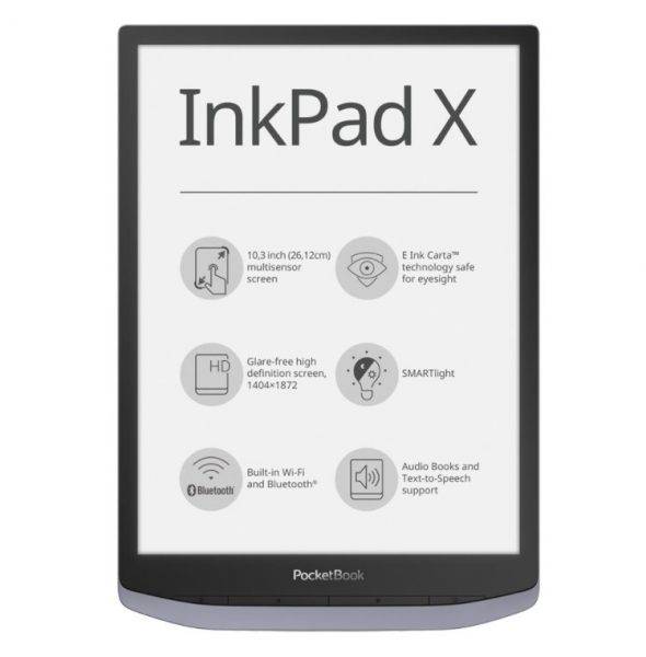 Na zdjęciu przedstawiony został PocketBook Inkpad X Metallic Grey.