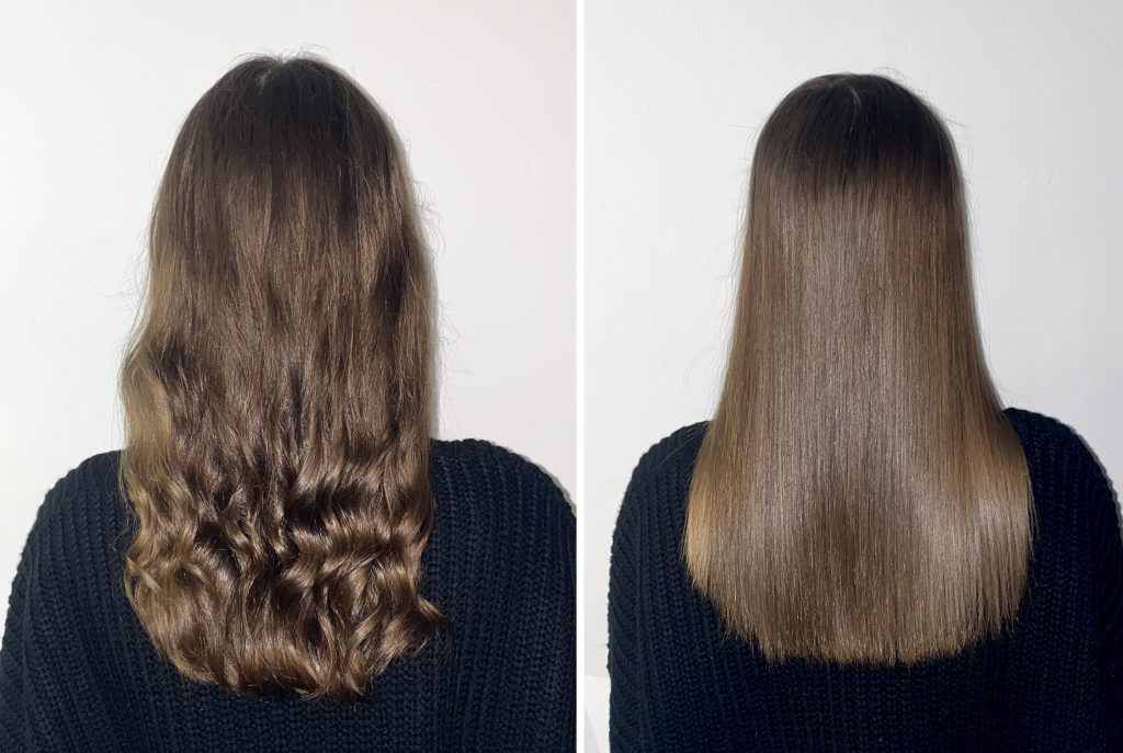 Zdjęcie przedstawia włosy przed i po prostowaniu urządzeniem Remington Keratin Protect.