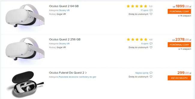 Ceny gogli Oculus Quest 2 