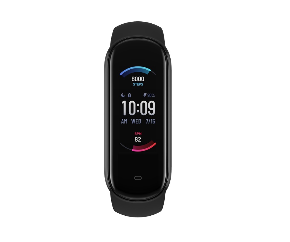 Na zdjęciu znajduje się smartband Huami Amazfit BAND 5 w kolorze czarnym.