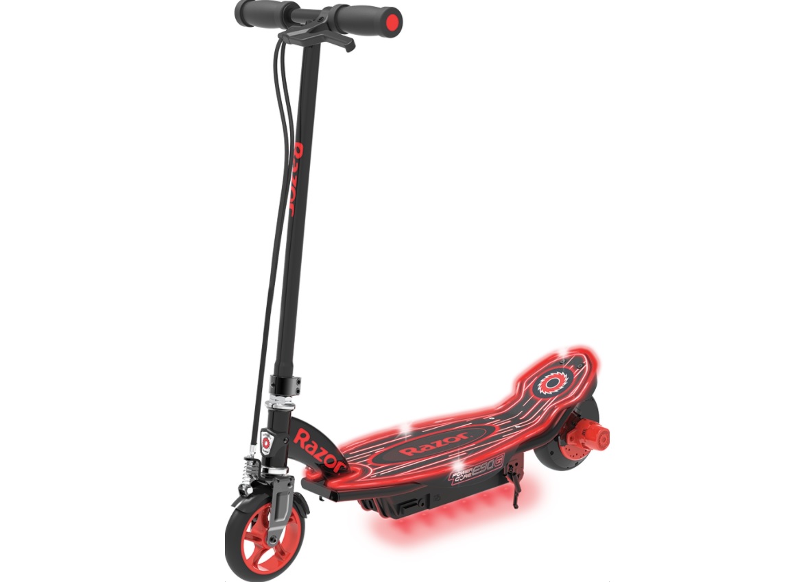Na zdjęciu znajduje się Hulajnoga elektryczna RAZOR E90 PowerCore GLOW w kolorze czarno - czerwonym.