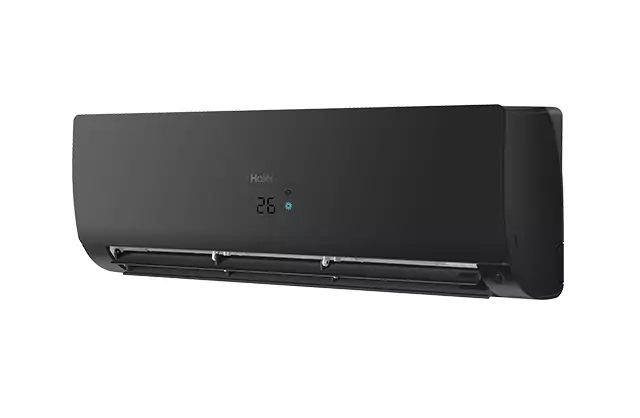The image shows the Haier Flexis Plus air conditioner in black.