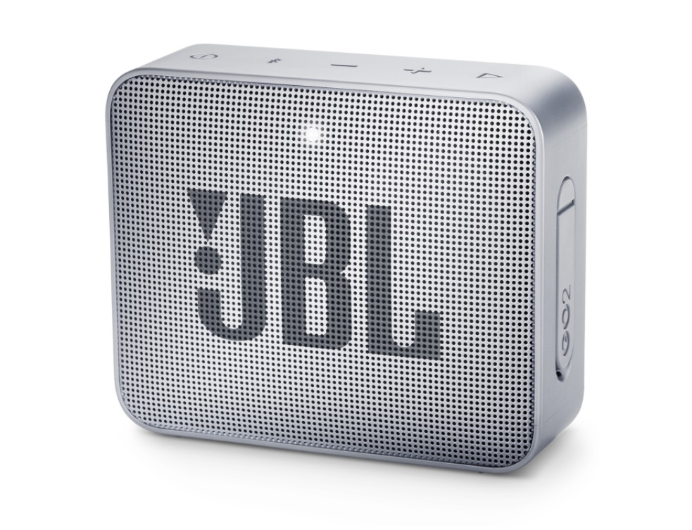 Zdjęcie przedstawia model JBL GO 2 w kolorze szarym.
