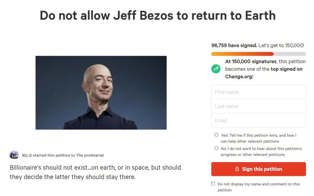 Ponad 10 000 ludzi chce, aby Jeff Bezos nie wrócił na Ziemię