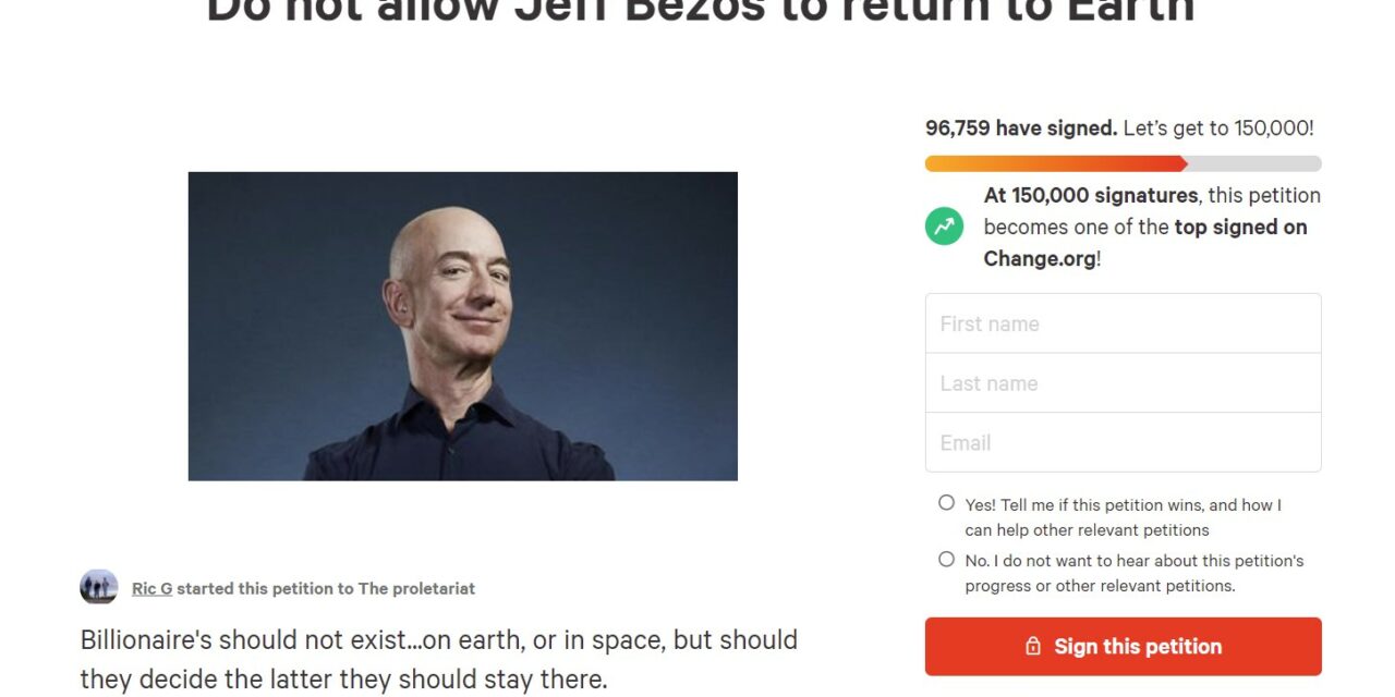 Ponad 10 000 ludzi chce, aby Jeff Bezos nie wrócił na Ziemię